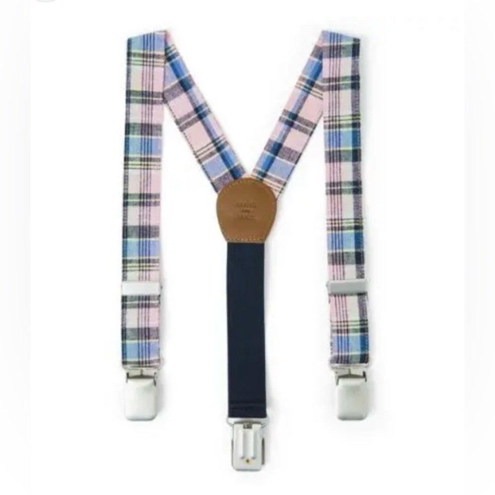 Janie & Jack Baby Boy Plaid Linen Cotton Leather Suspenders Size 0-6 Months